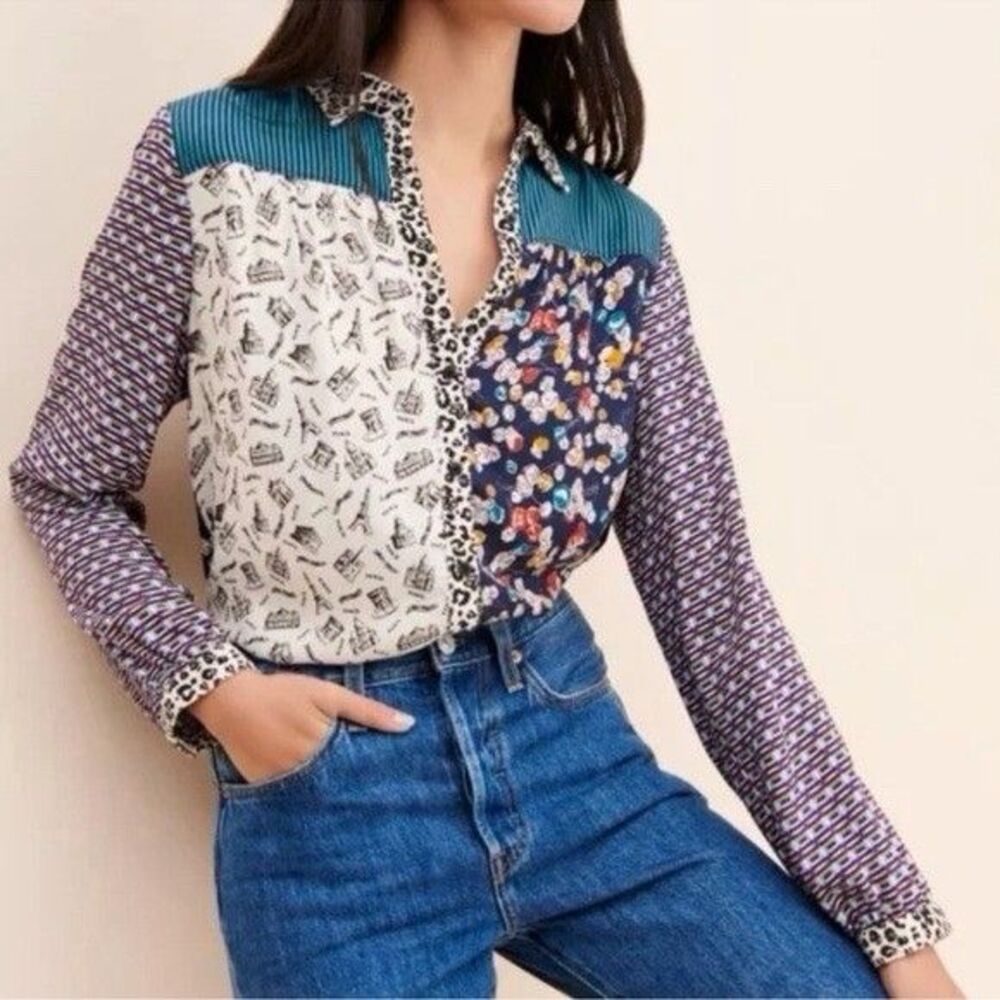 Maeve Fern Button Down Mixed Print Blouse Sz Med 100% Viscose Boho Chic Artsy